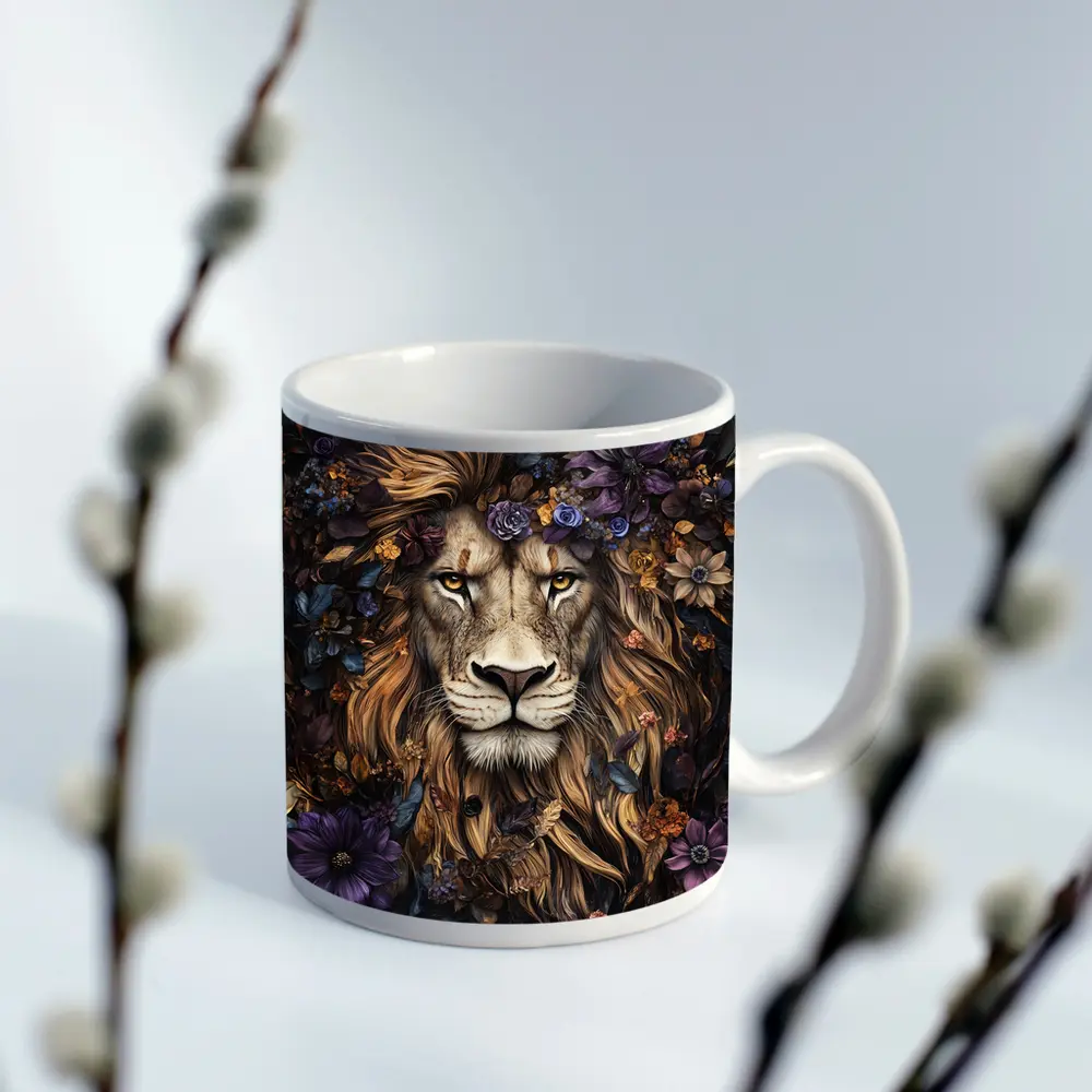 Lion Portrait Dark Floral Botanical Art – Mugs