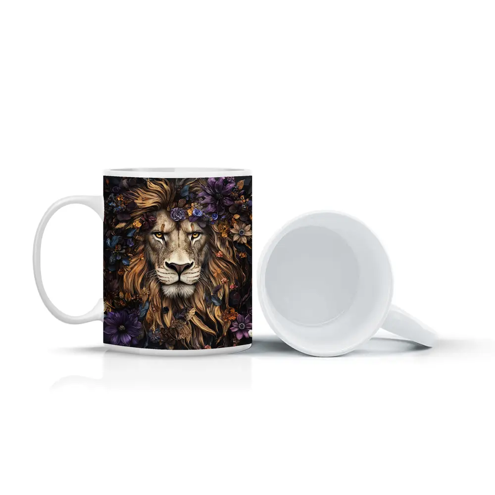 Lion Portrait Dark Floral Botanical Art – Mugs
