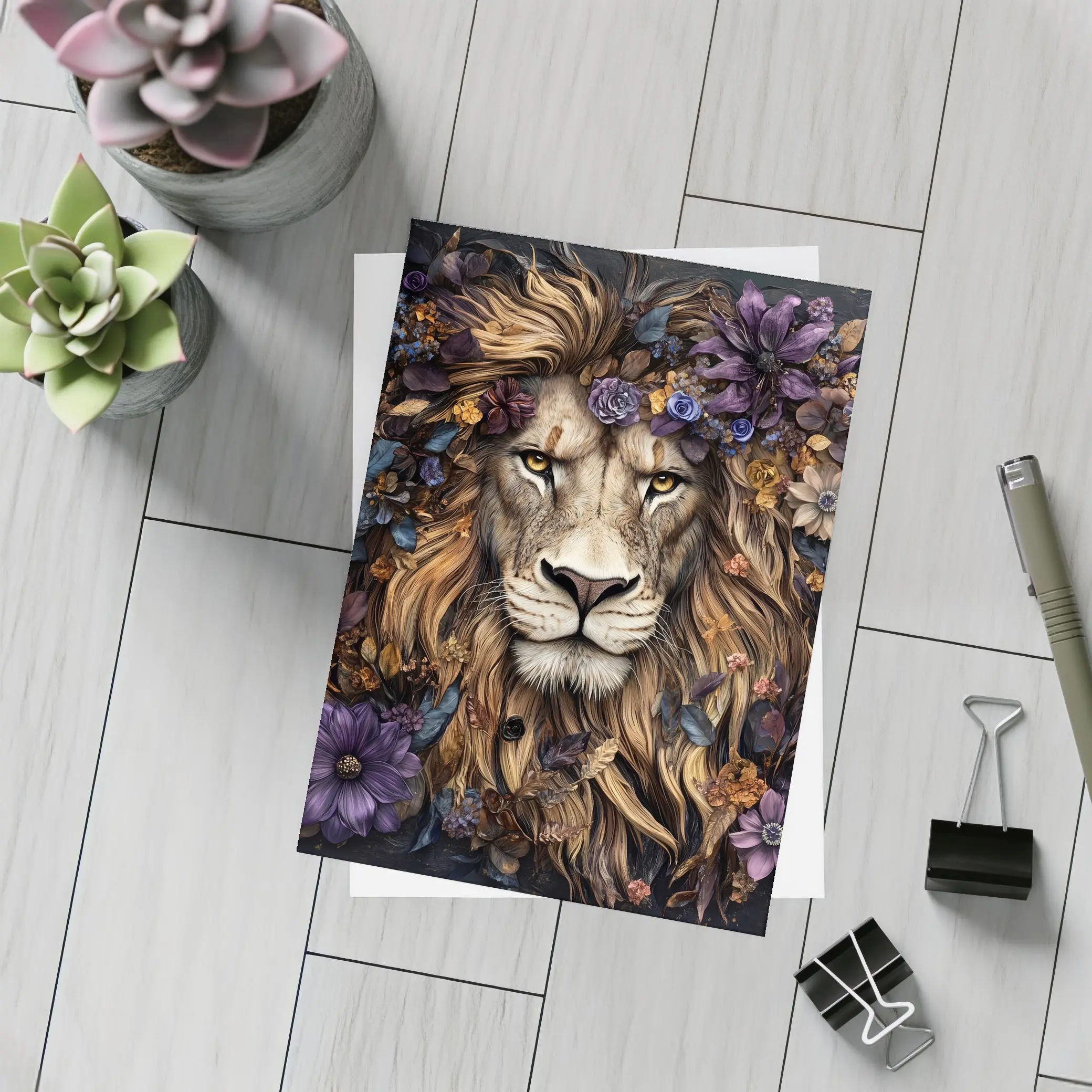 Lion Portrait Dark Floral Botanical Art – Postcards