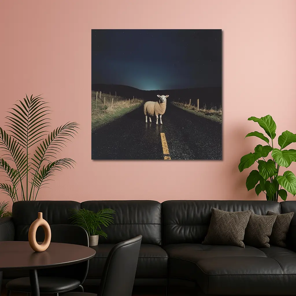 Sheep Standing on Road at Night – Wall Art