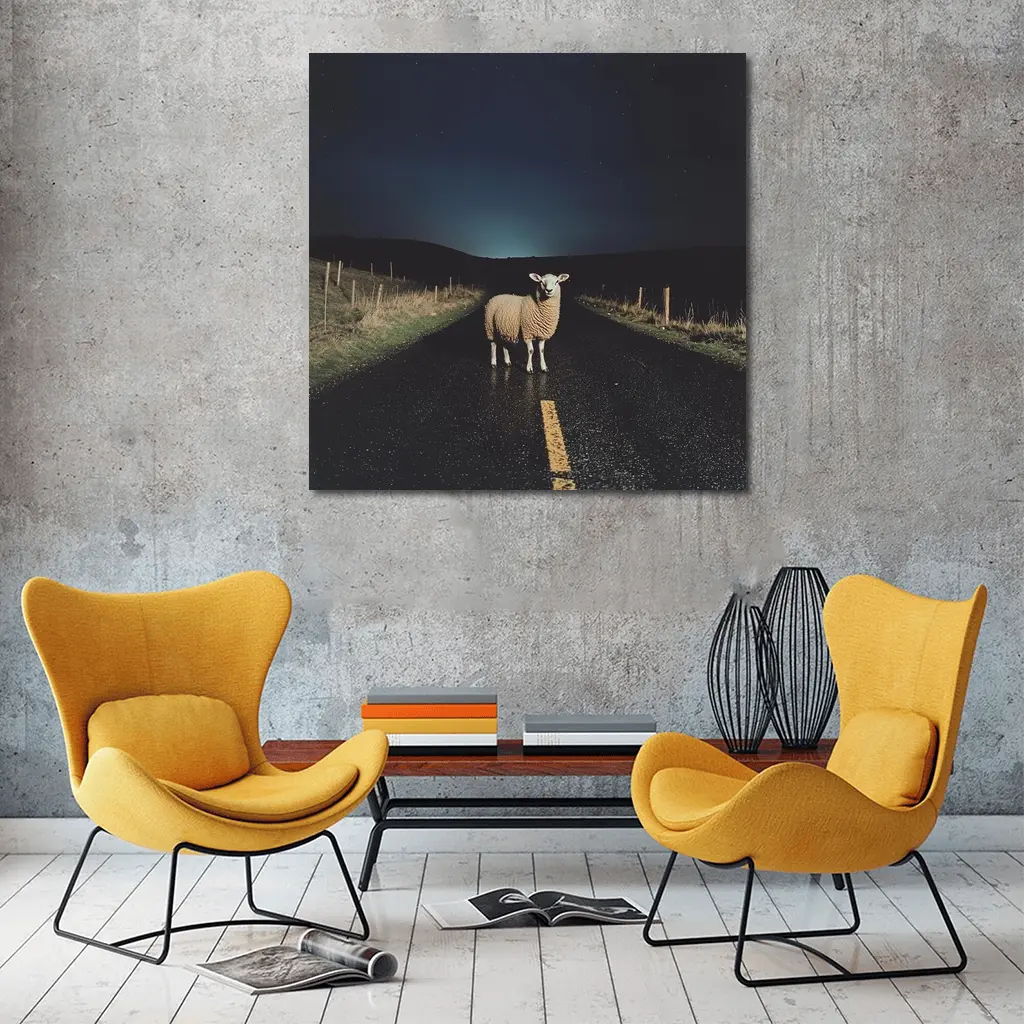 Sheep Standing on Road at Night – Wall Art