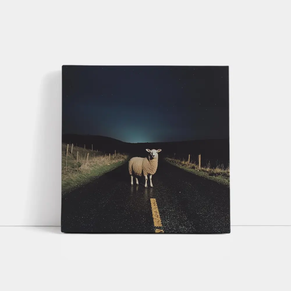 Sheep Standing on Road at Night – Wall Art