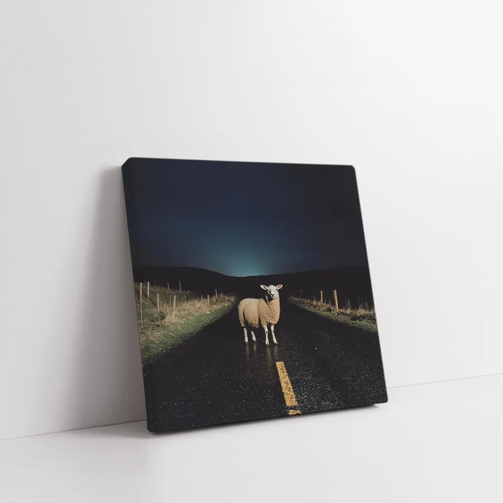 Sheep Standing on Road at Night – Wall Art