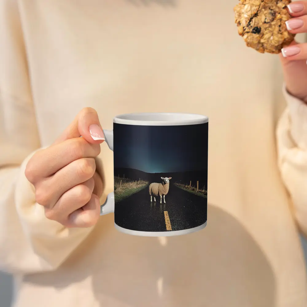 Sheep Standing on Road at Night – Mugs