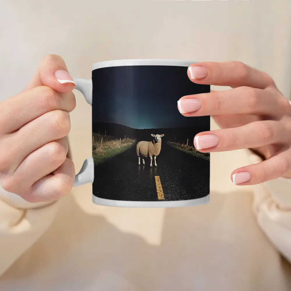 Sheep Standing on Road at Night – Mugs