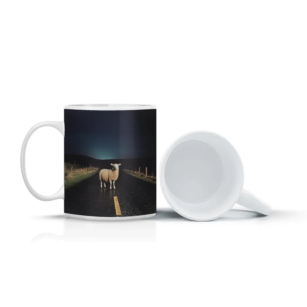 Sheep Standing on Road at Night – Mugs