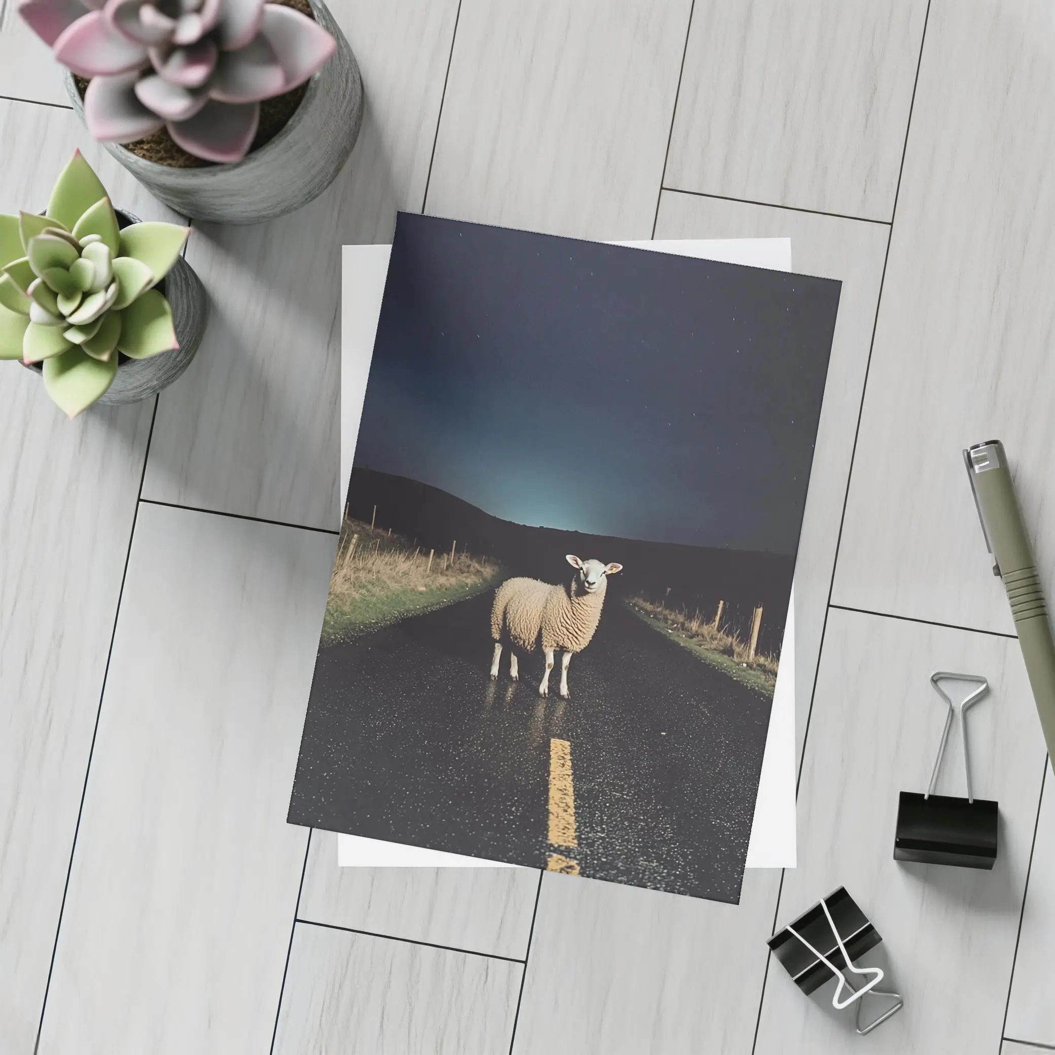 Sheep Standing on Road at Night – Postcards