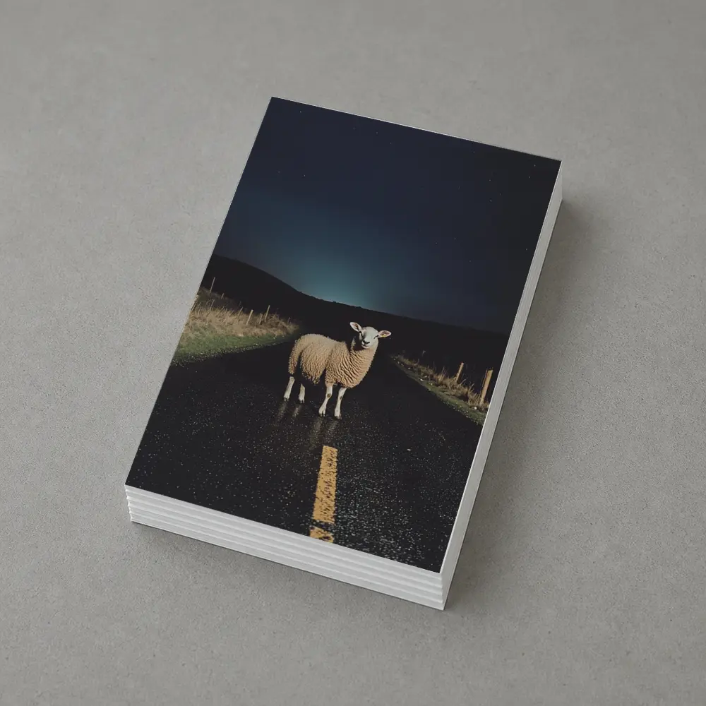 Sheep Standing on Road at Night – Postcards