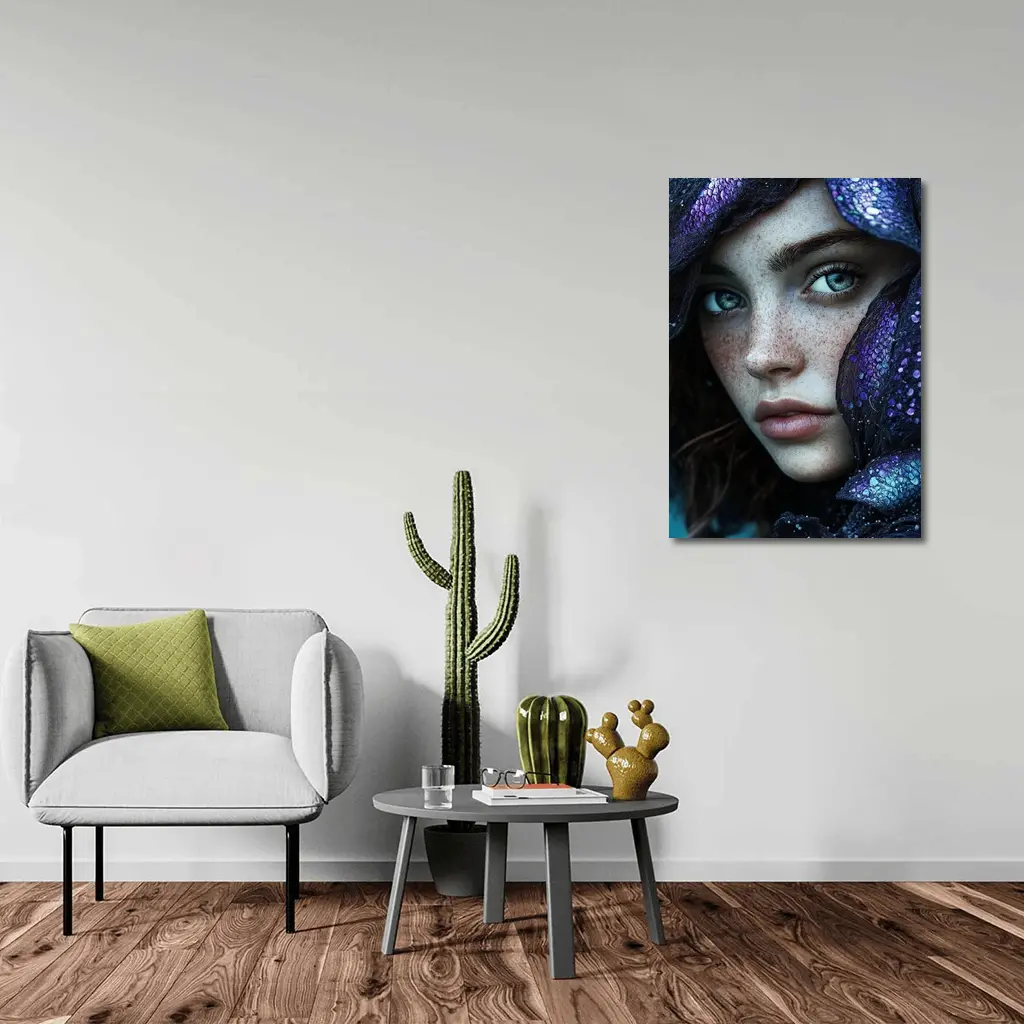 Freckled Woman Fantasy Purple Dragon Scale Portrait – Wall Art