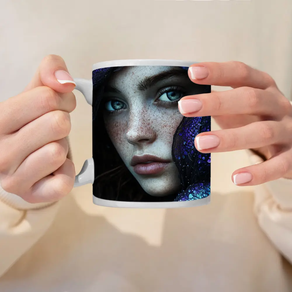 Freckled Woman Fantasy Purple Dragon Scale Portrait – Mugs