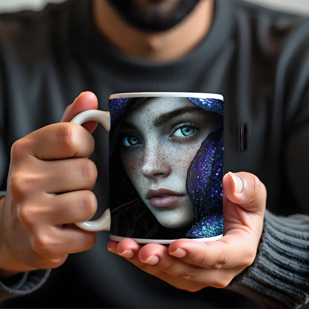 Freckled Woman Fantasy Purple Dragon Scale Portrait – Mugs