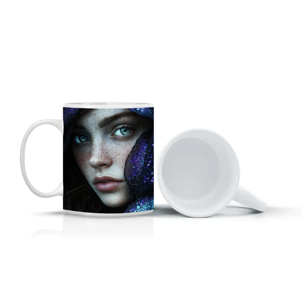 Freckled Woman Fantasy Purple Dragon Scale Portrait – Mugs