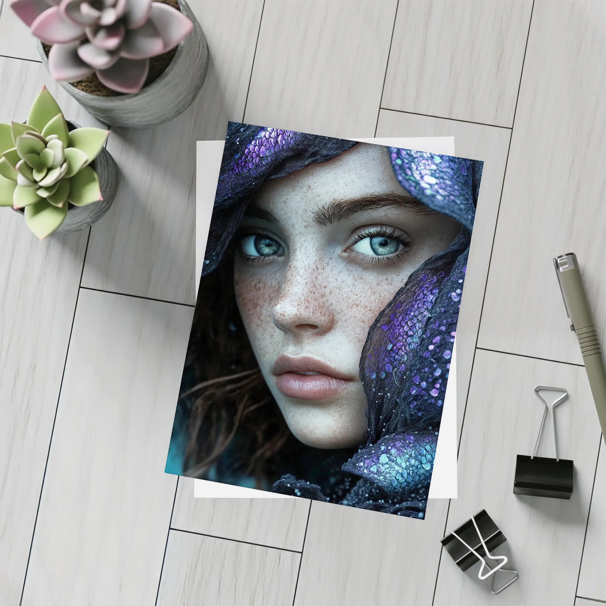 Freckled Woman Fantasy Purple Dragon Scale Portrait – Postcards