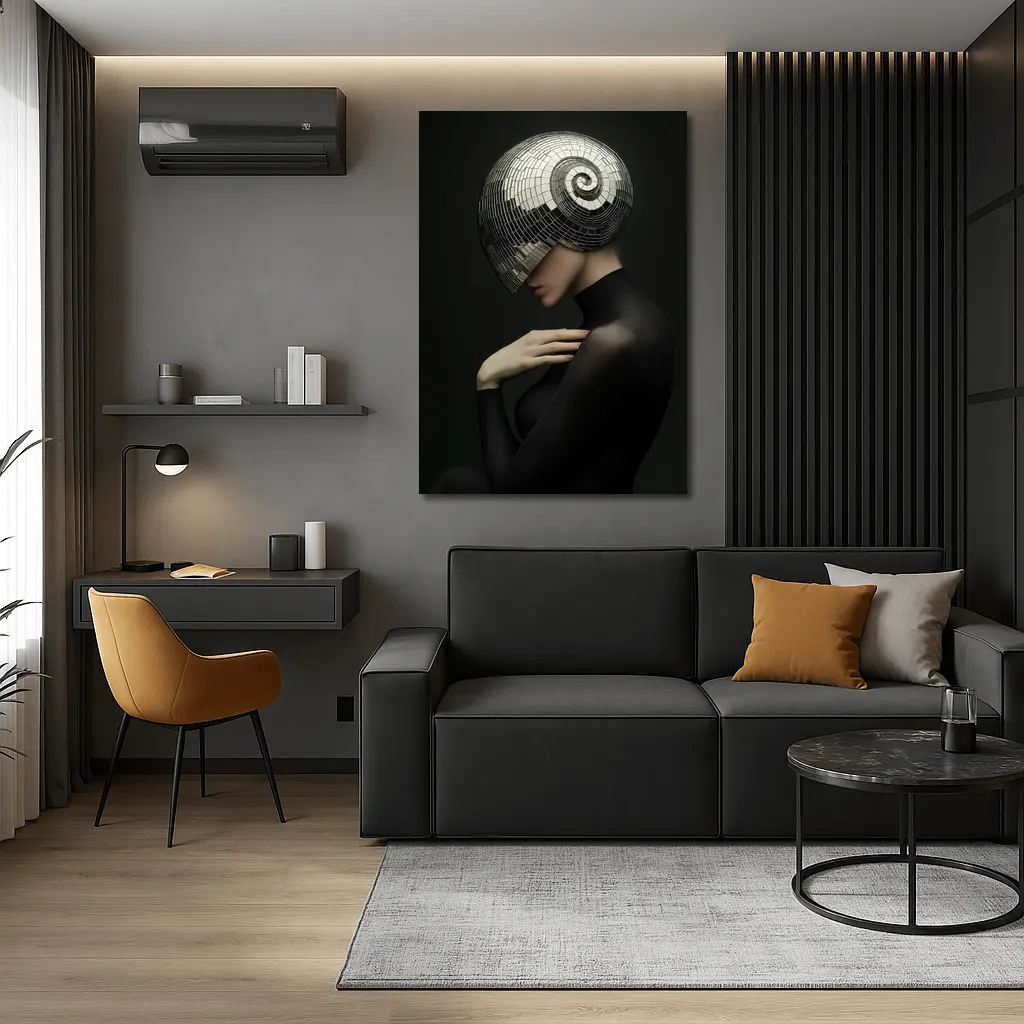 Woman Disco Ball Head Dark Background – Wall Art