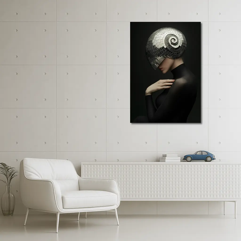 Woman Disco Ball Head Dark Background – Wall Art