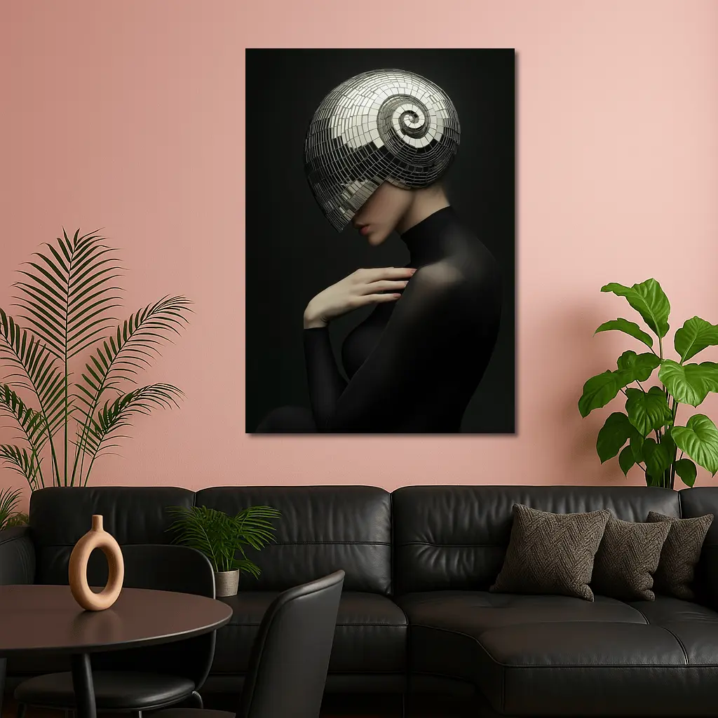 Woman Disco Ball Head Dark Background – Wall Art