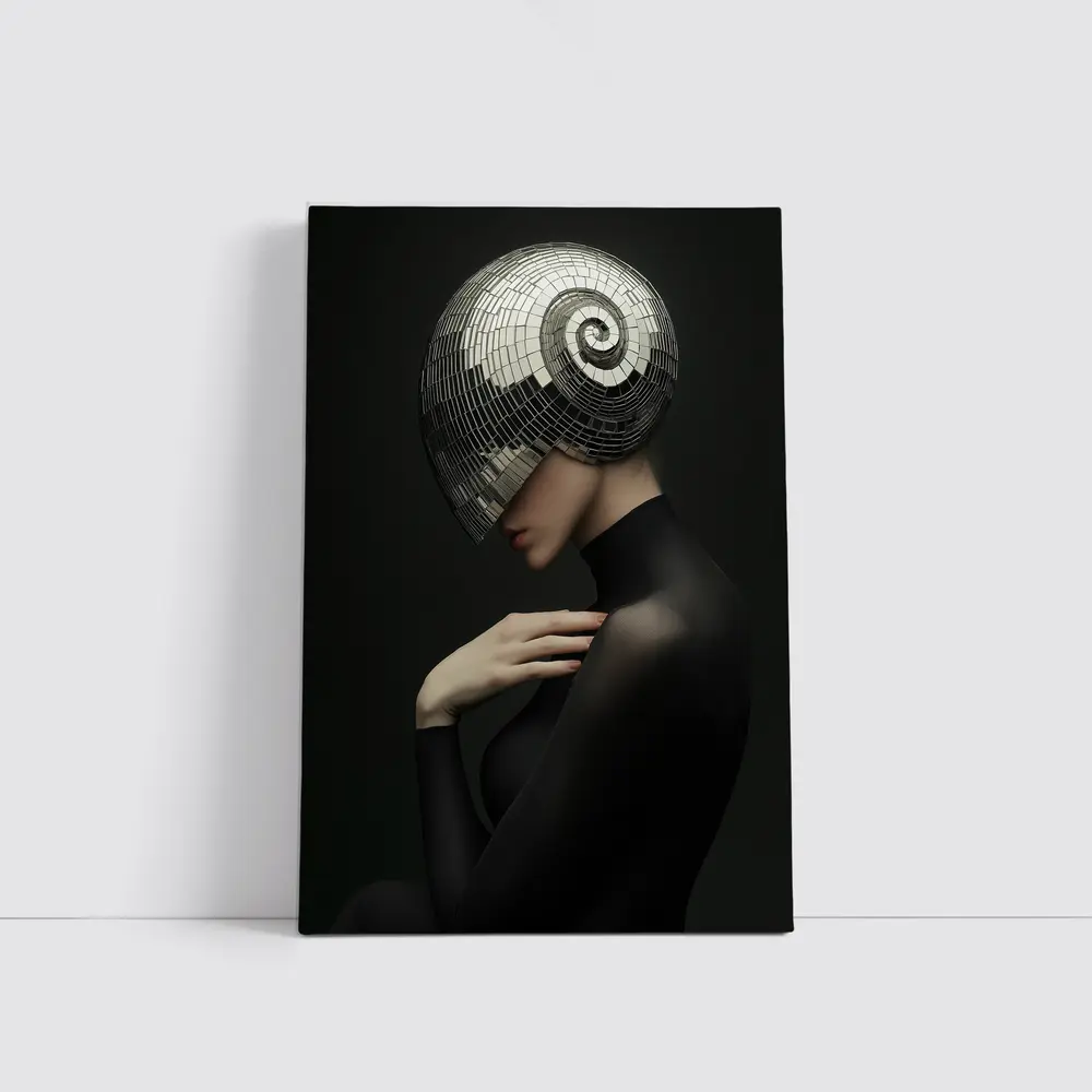 Woman Disco Ball Head Dark Background – Wall Art