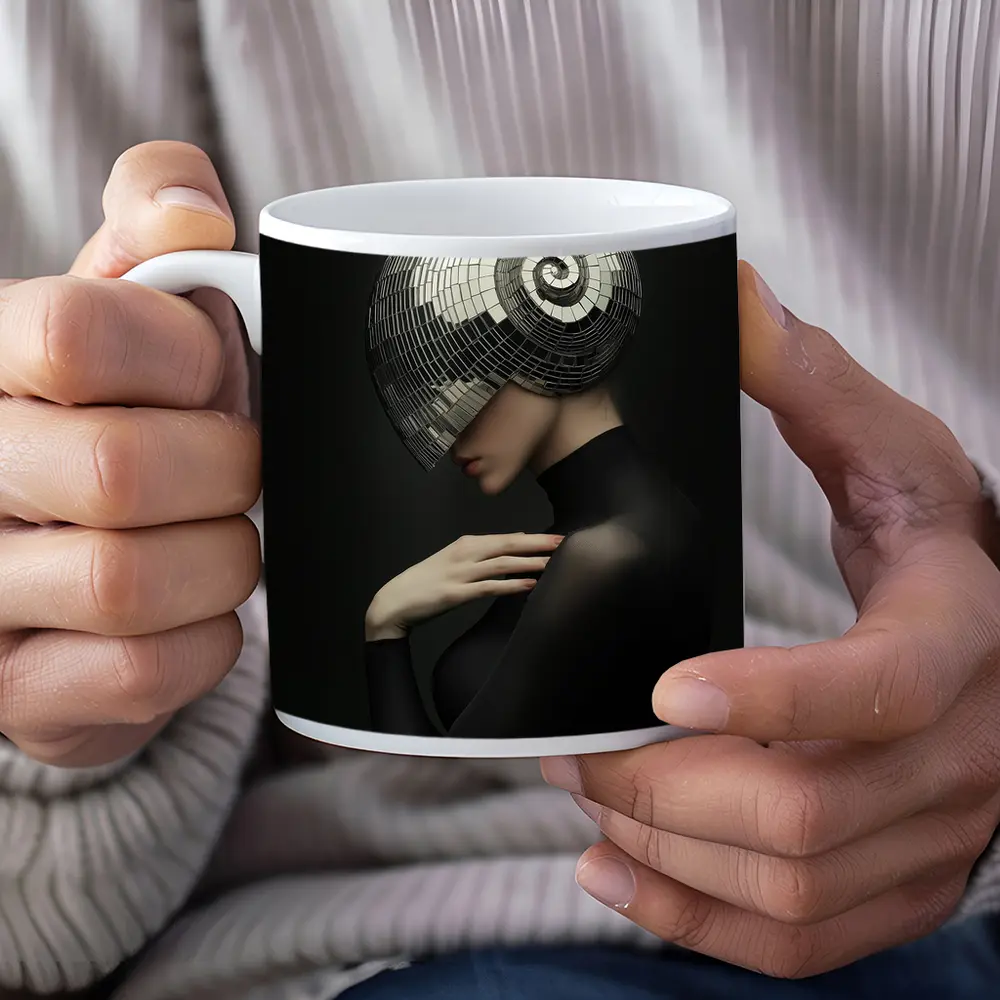 Woman Disco Ball Head Dark Background – Mugs