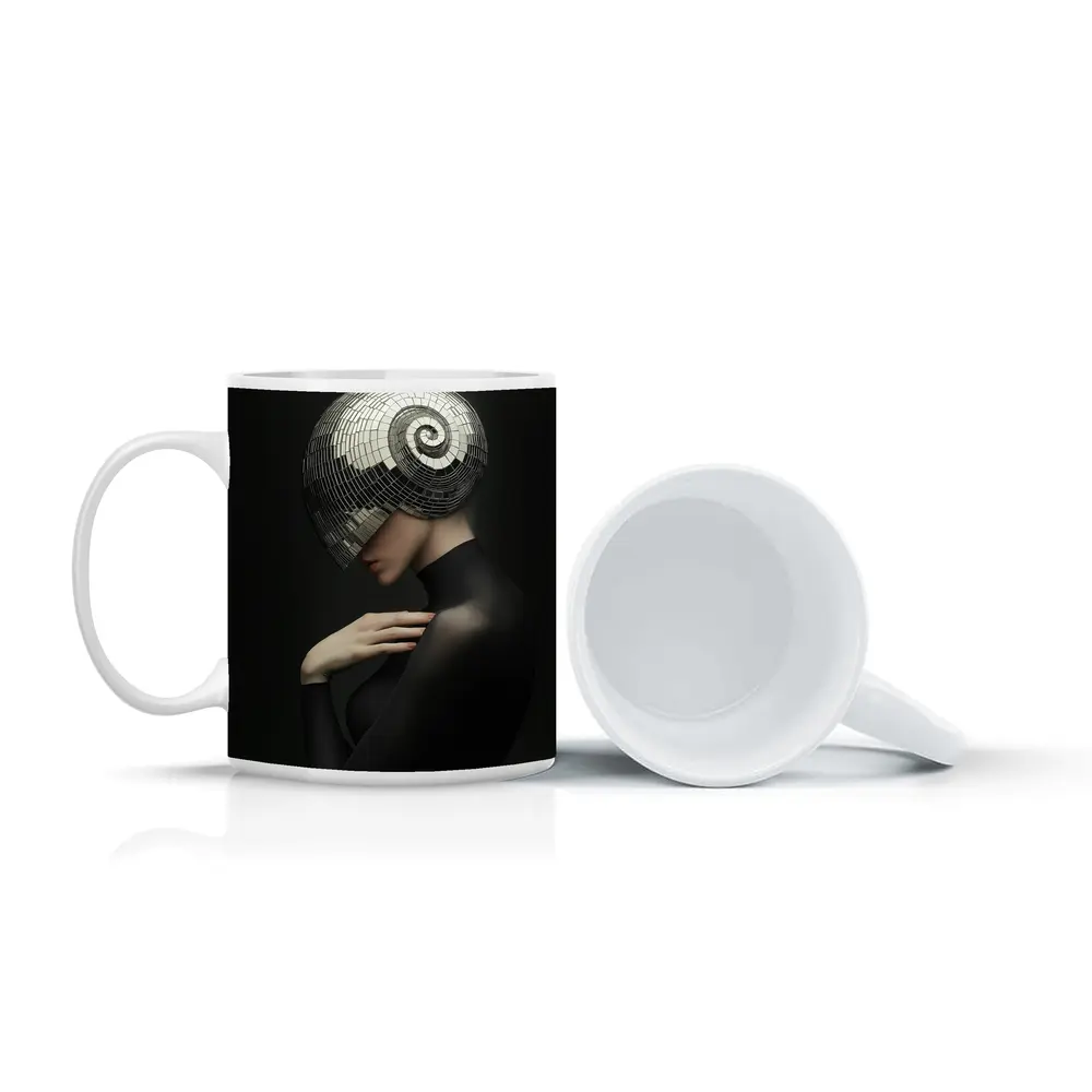 Woman Disco Ball Head Dark Background – Mugs