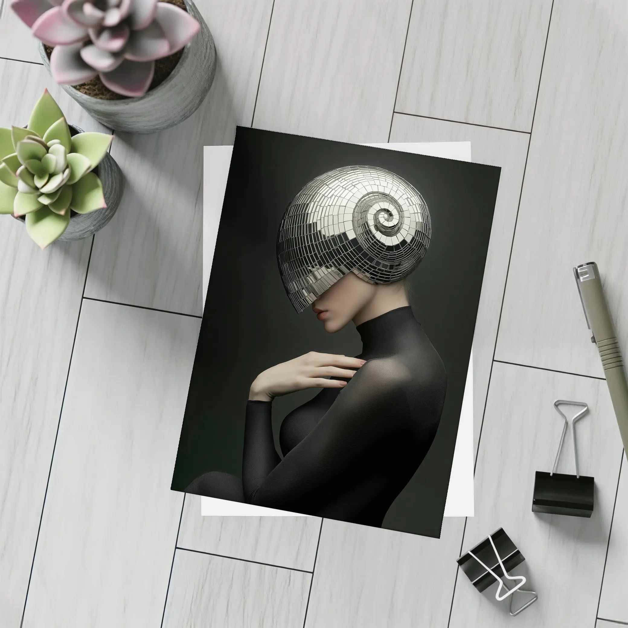Woman Disco Ball Head Dark Background – Postcards