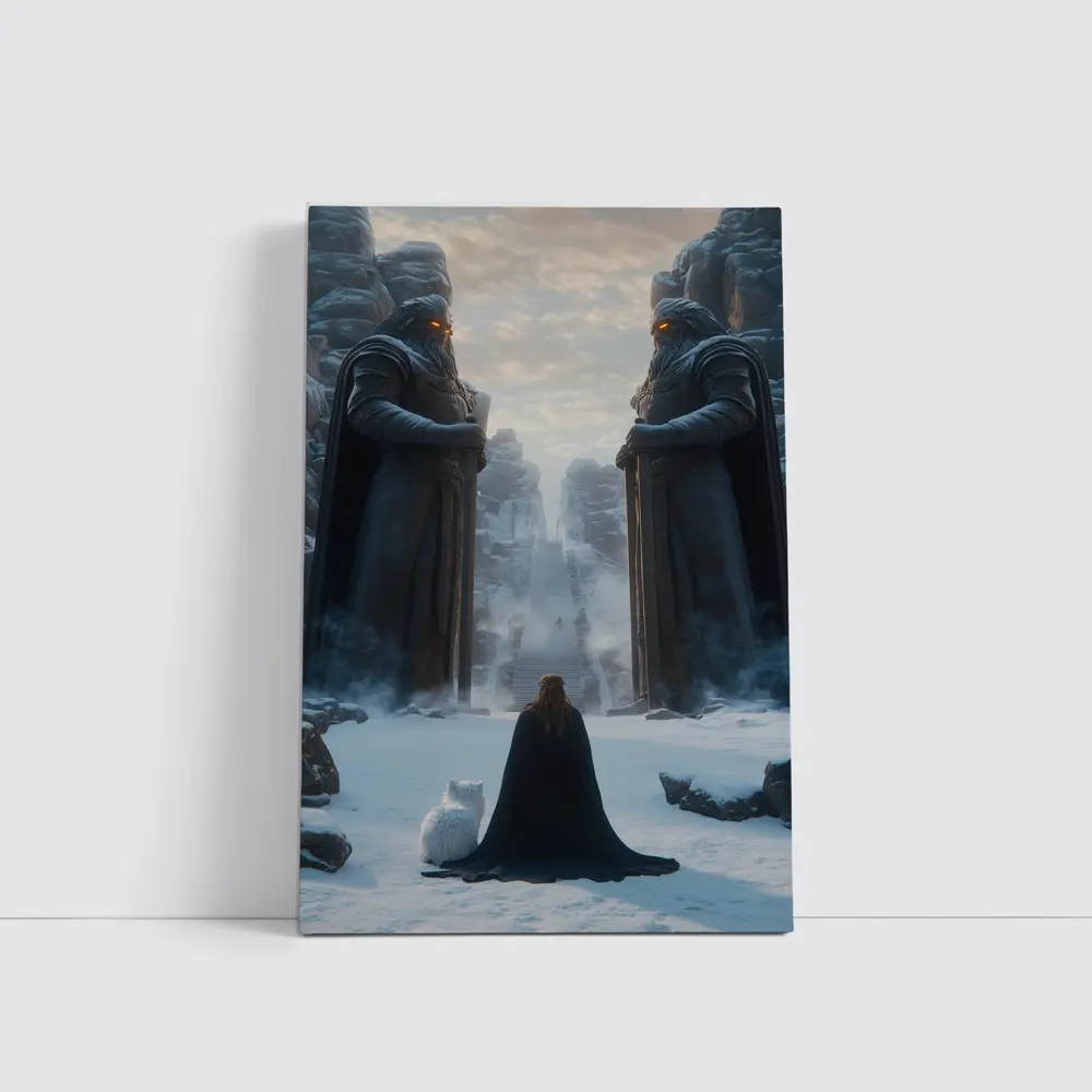 Cloaked Figure Cat Ancient Stone Guardians Snow – Wall Art