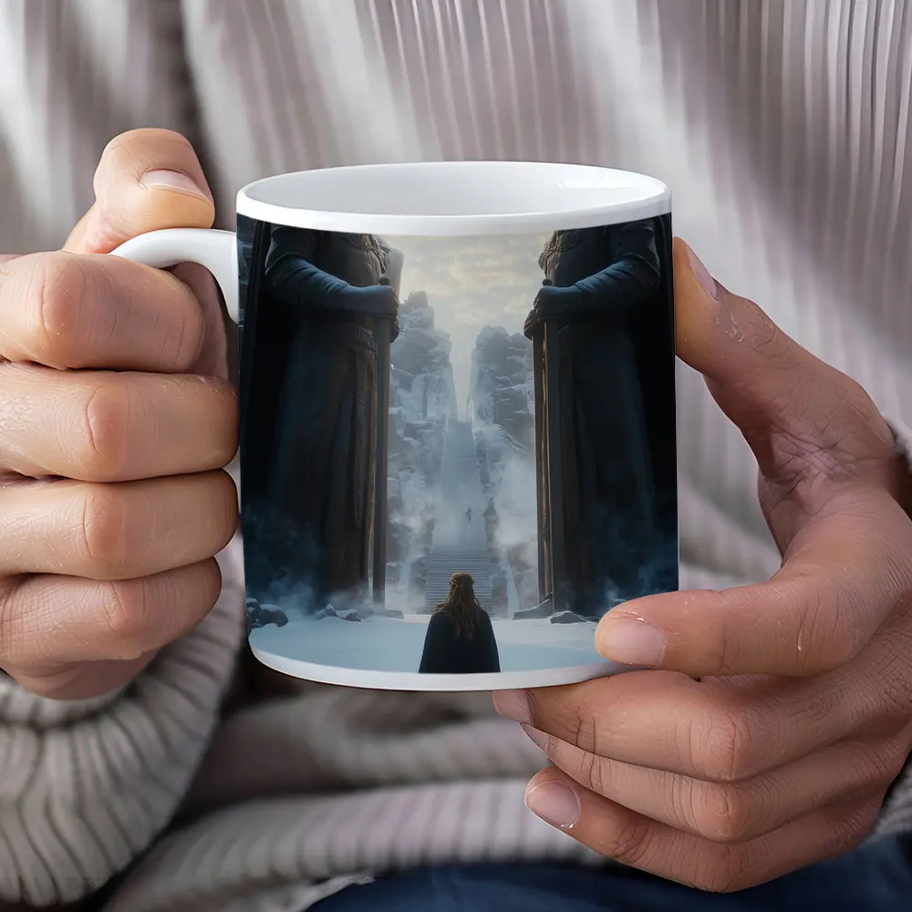 Cloaked Figure Cat Ancient Stone Guardians Snow – Mugs