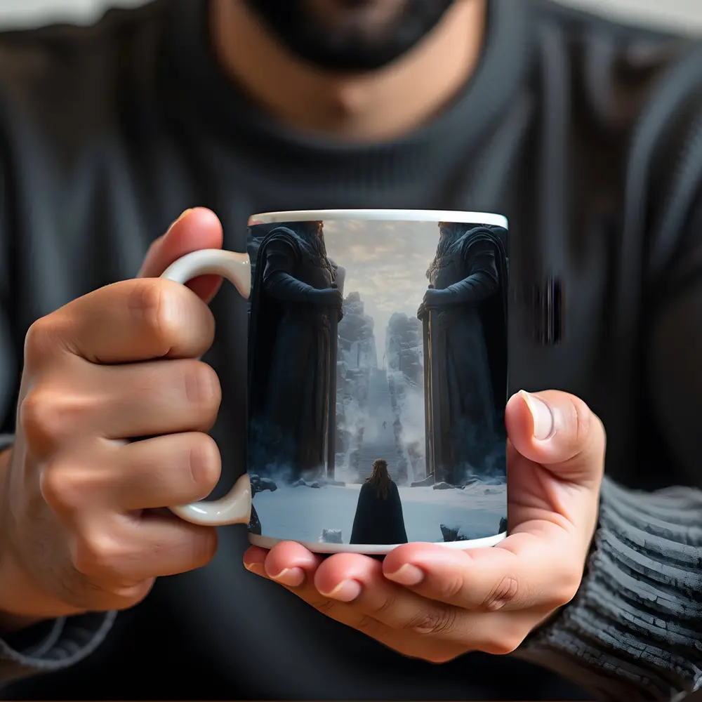 Cloaked Figure Cat Ancient Stone Guardians Snow – Mugs