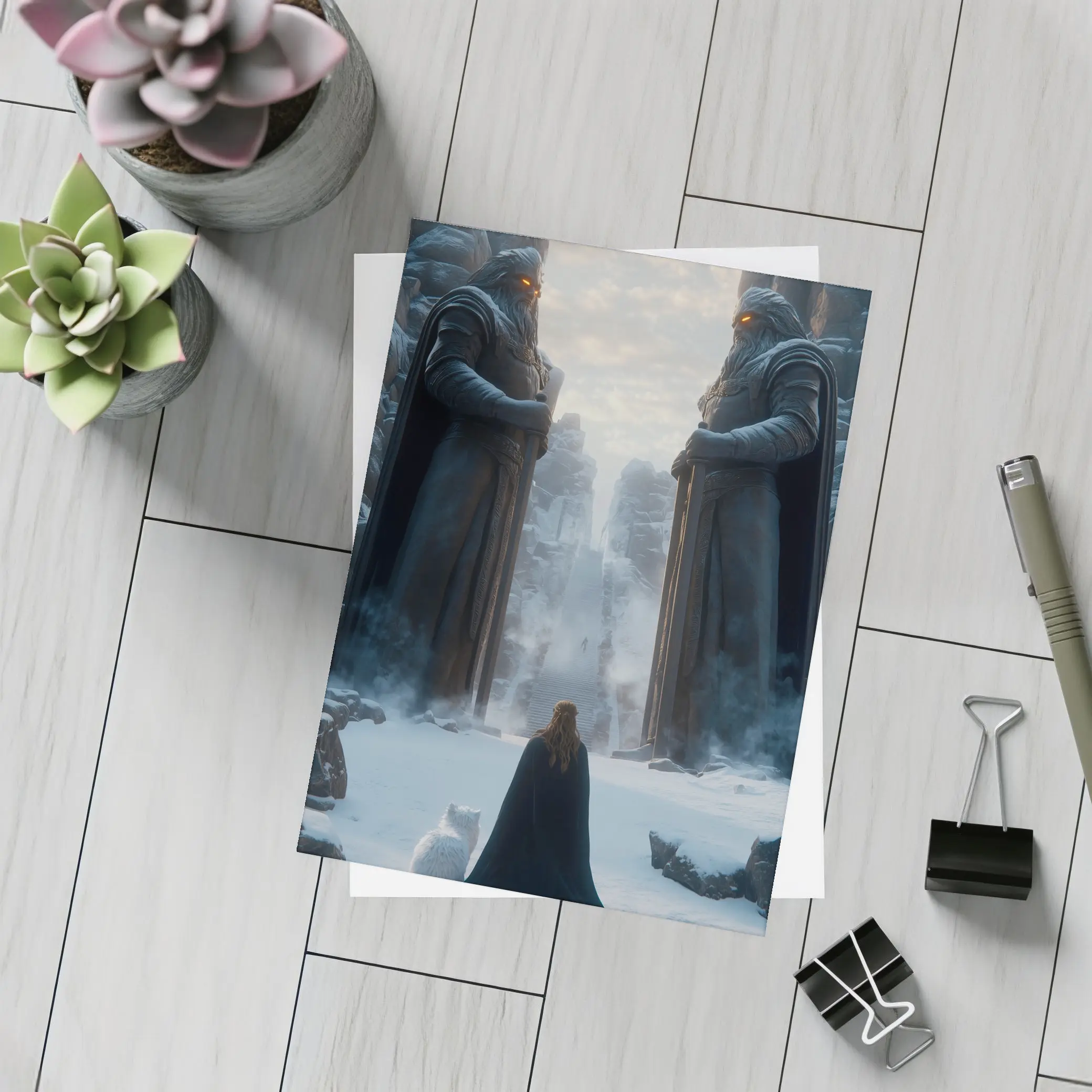 Cloaked Figure Cat Ancient Stone Guardians Snow – Postcards