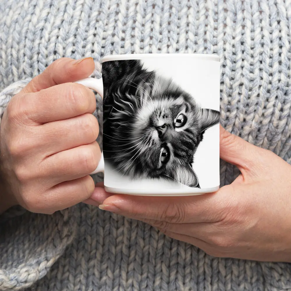 Maine Coon Cat Black and White Portrait – Mugs