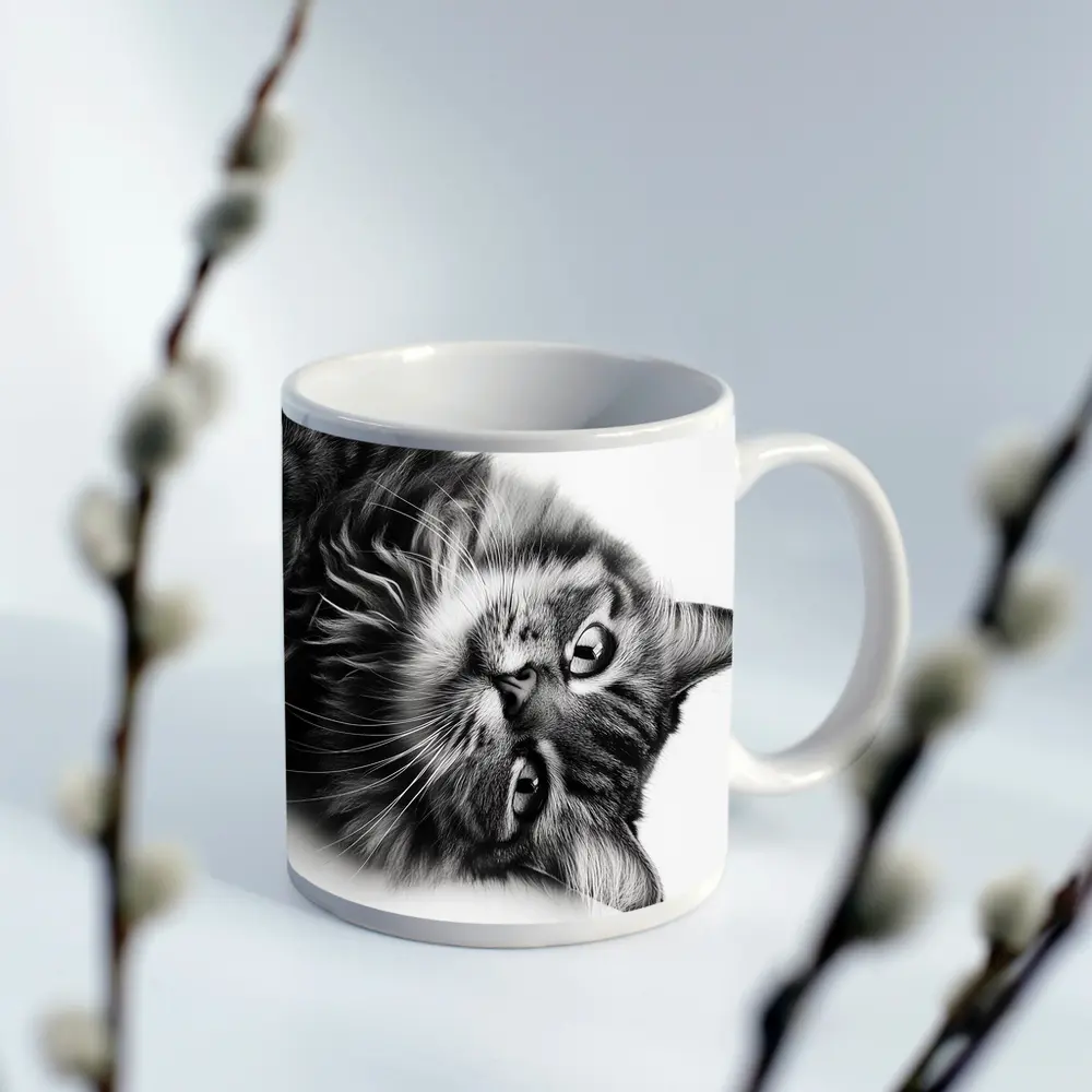 Maine Coon Cat Black and White Portrait – Mugs