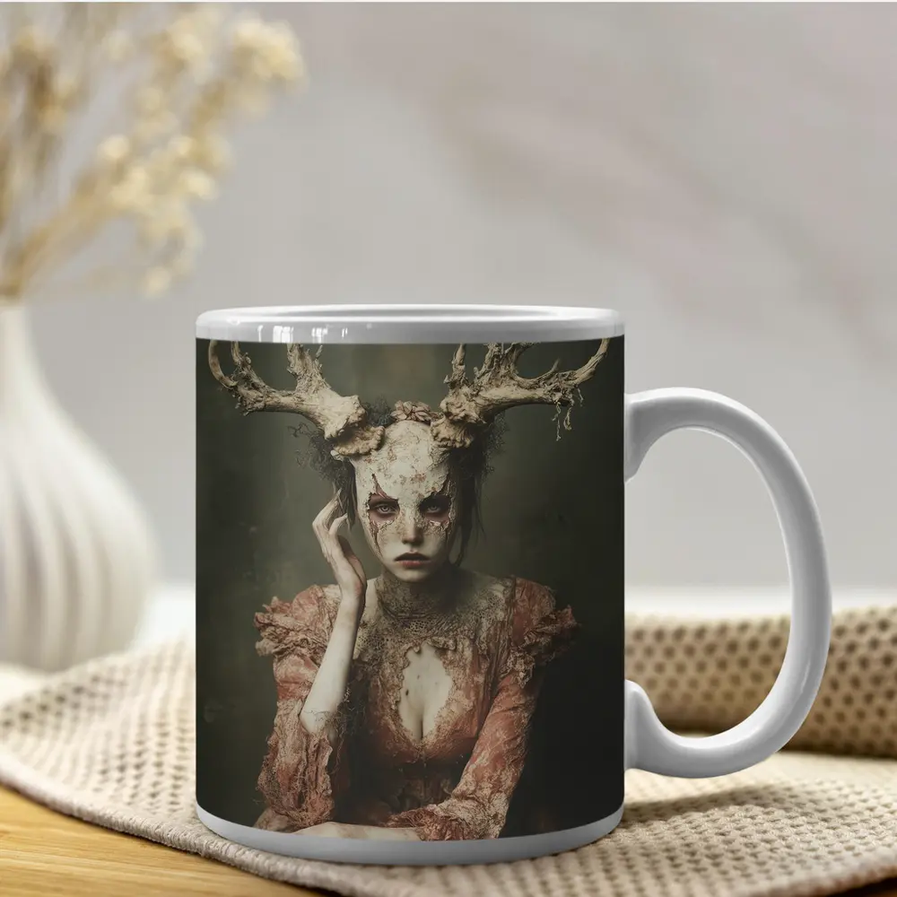 Dark Fantasy Woman With Antlers Gothic Portrait – Mugs