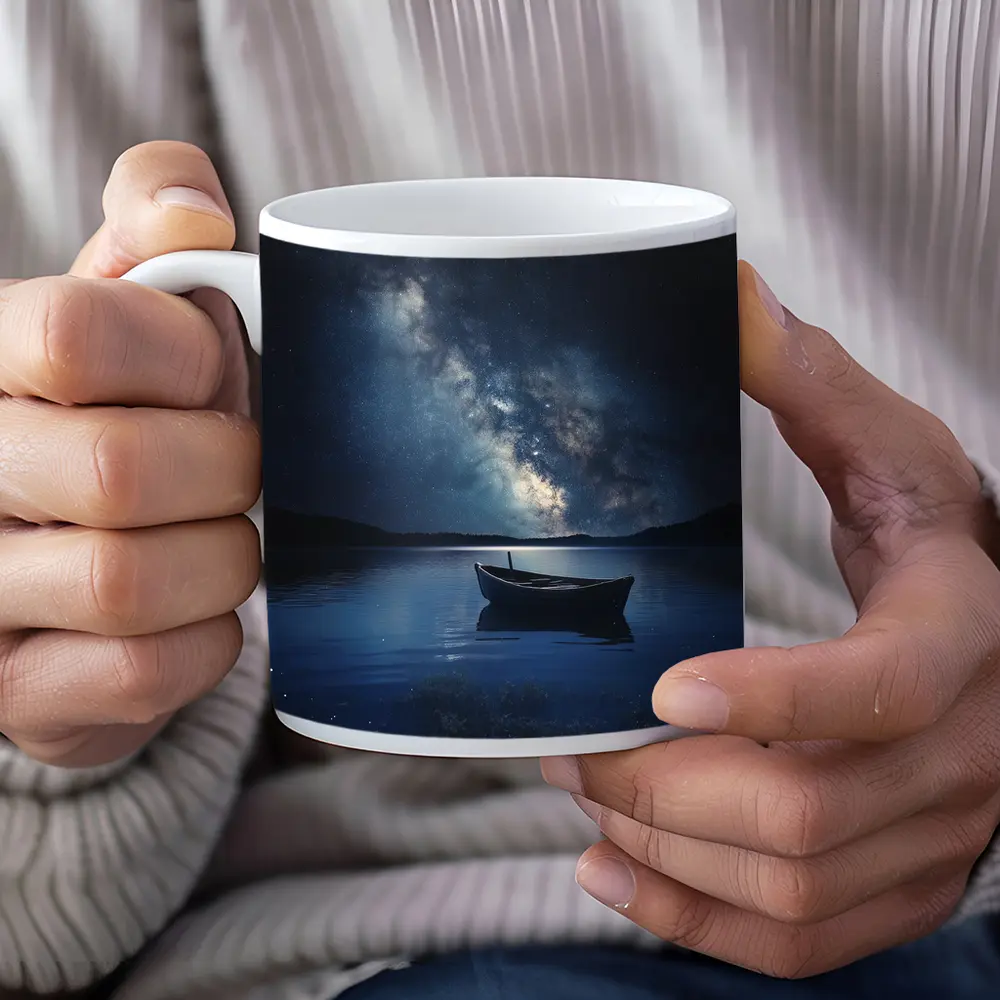 Lone Boat On Lake Under Milky Way – Mugs