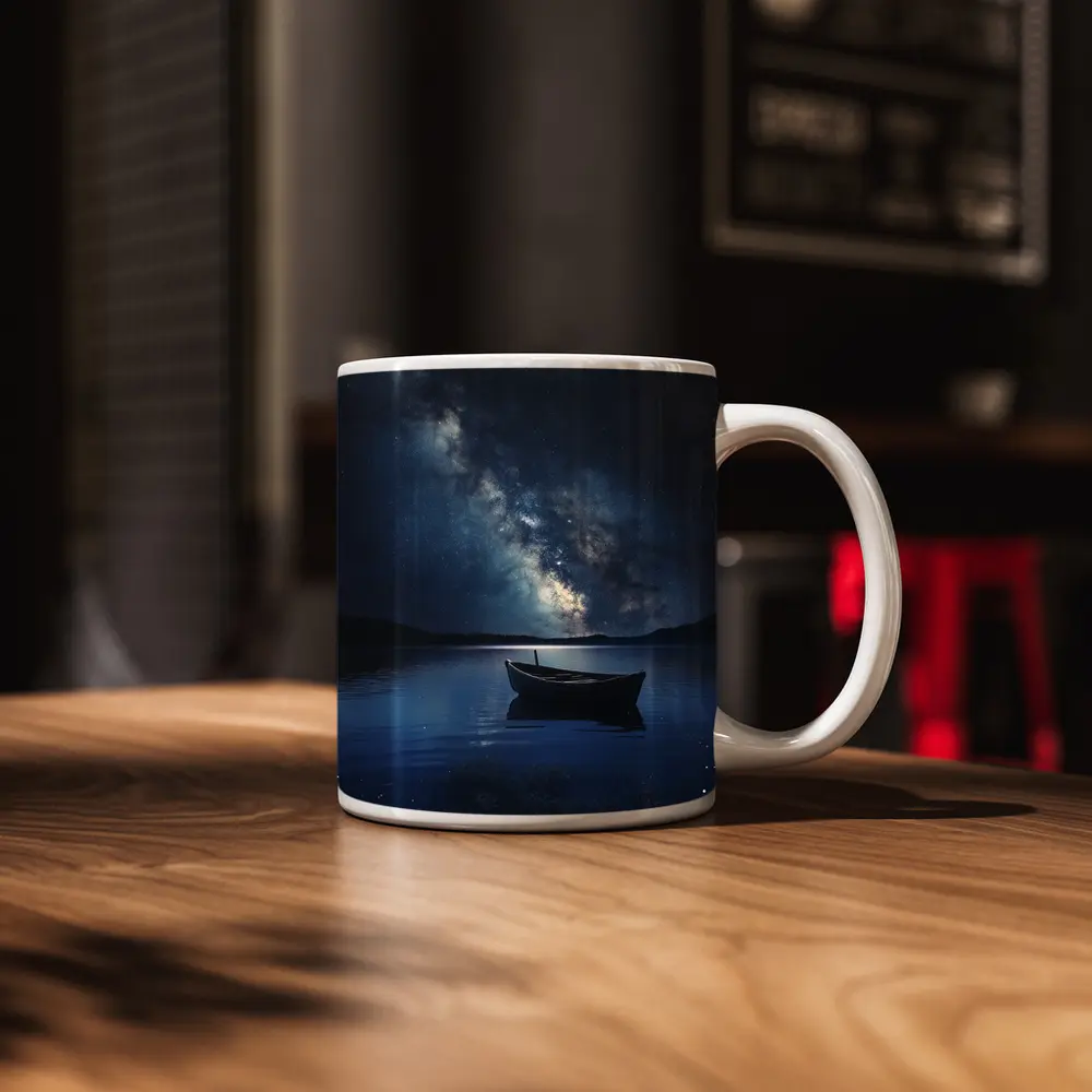 Lone Boat On Lake Under Milky Way – Mugs