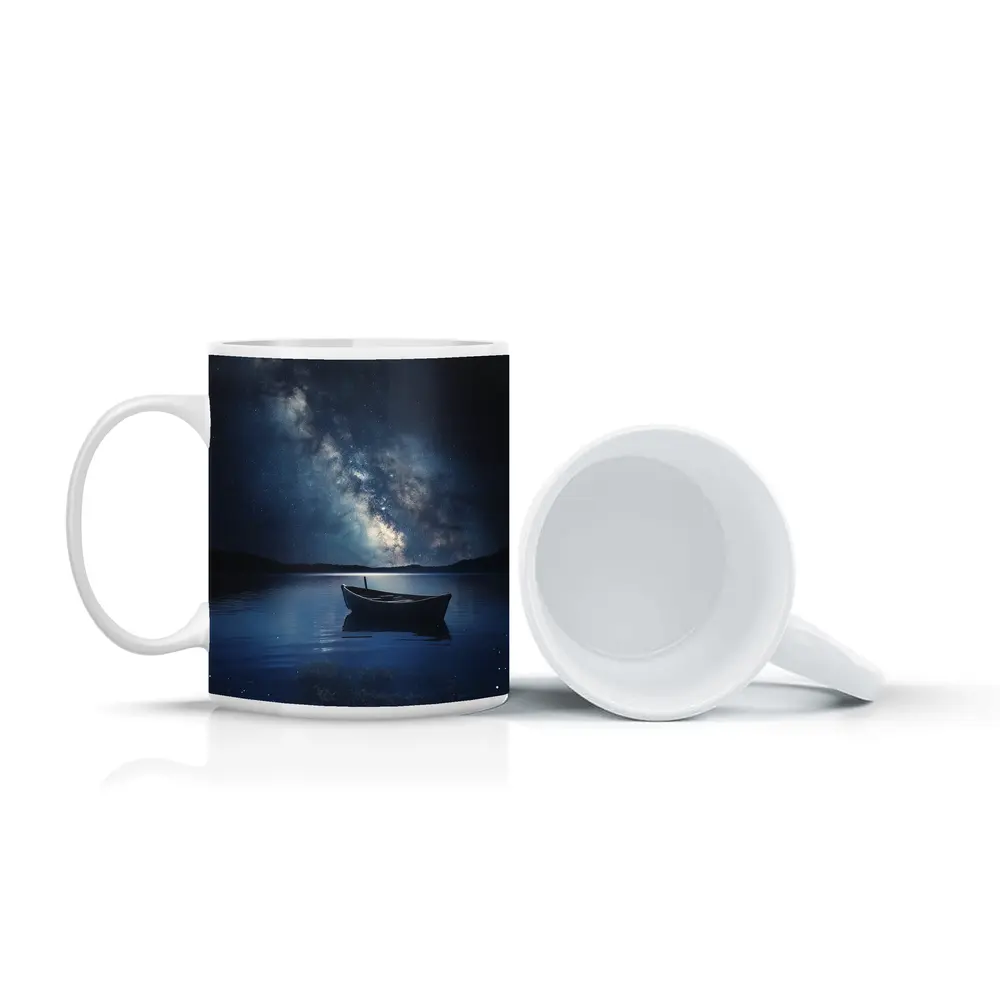 Lone Boat On Lake Under Milky Way – Mugs