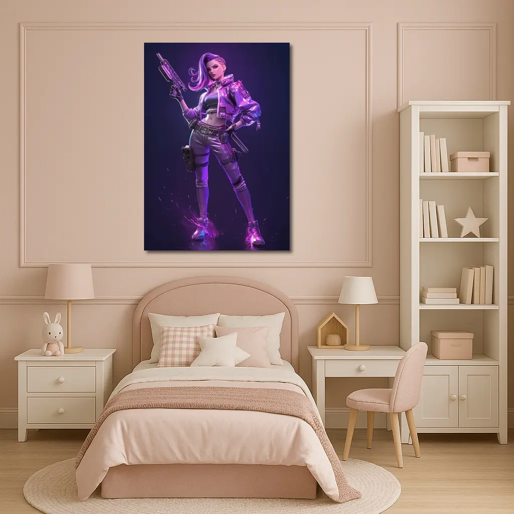 Cyberpunk Girl Neon Purple Dark Background – Wall Art