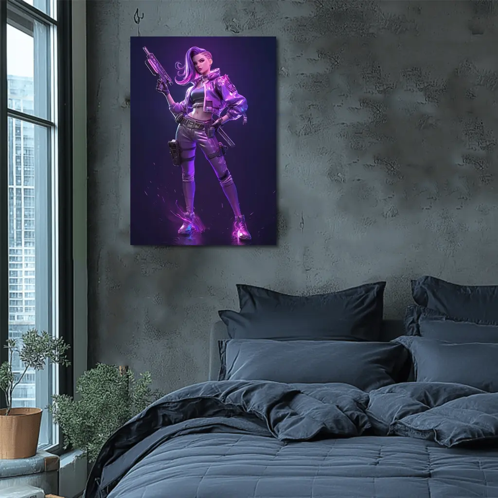 Cyberpunk Girl Neon Purple Dark Background – Wall Art