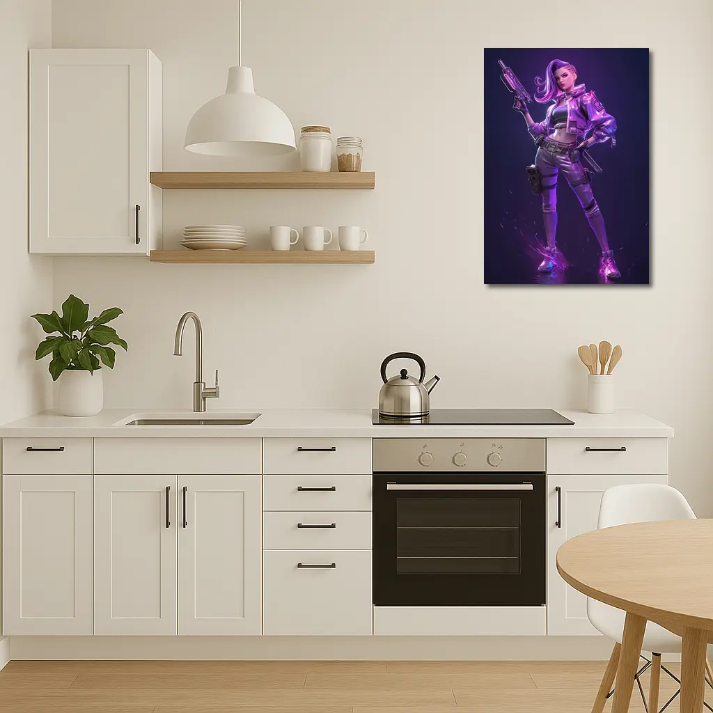 Cyberpunk Girl Neon Purple Dark Background – Wall Art