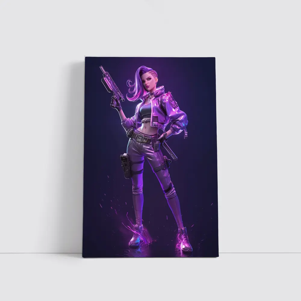 Cyberpunk Girl Neon Purple Dark Background – Wall Art
