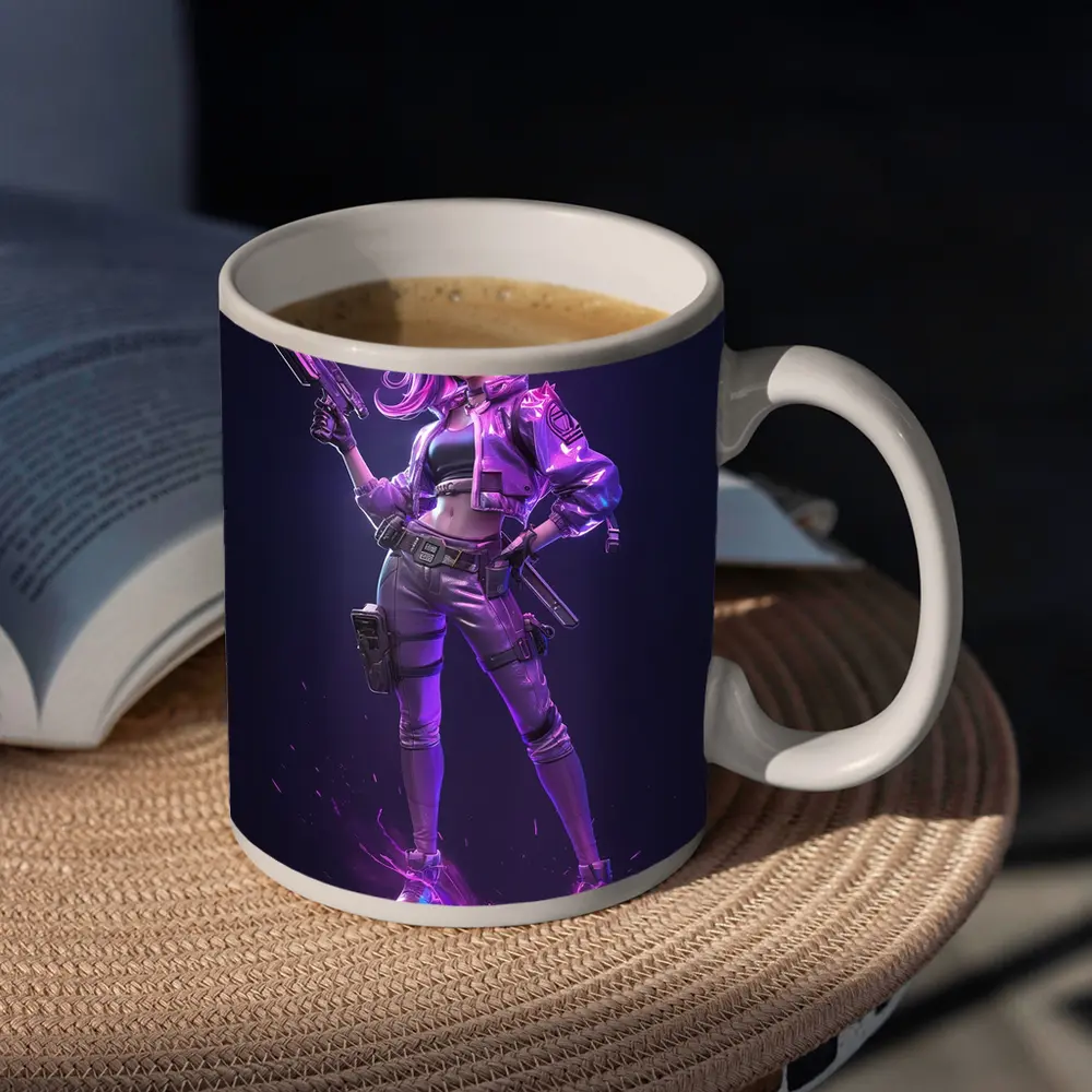 Cyberpunk Girl Neon Purple Dark Background – Mugs