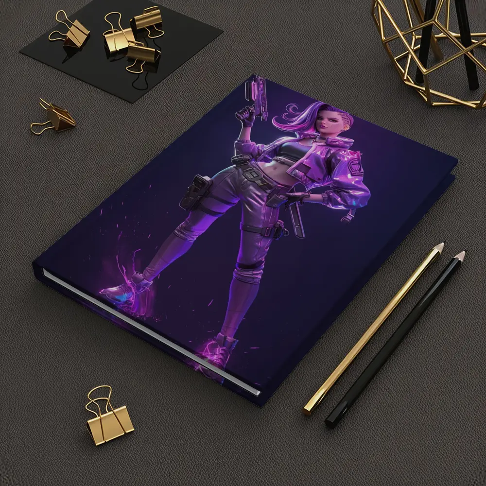 Cyberpunk Girl Neon Purple Dark Background – Notebooks