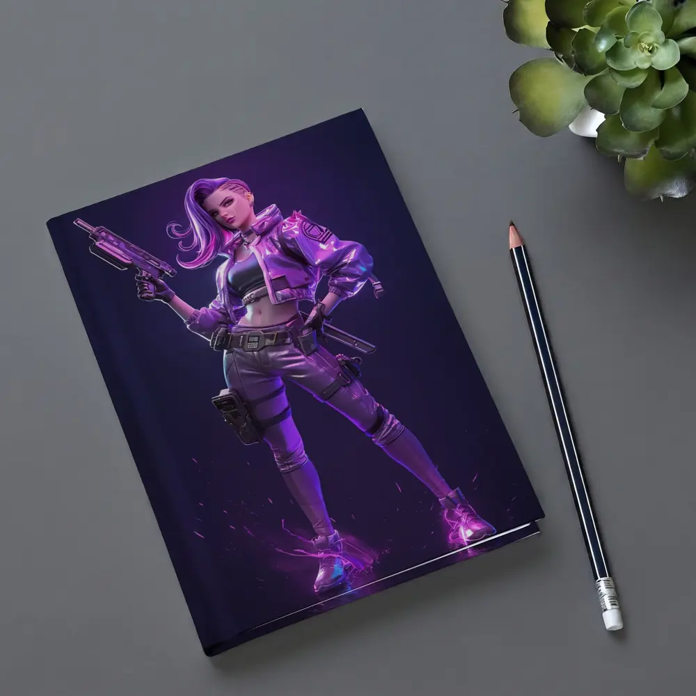 Cyberpunk Girl Neon Purple Dark Background – Notebooks