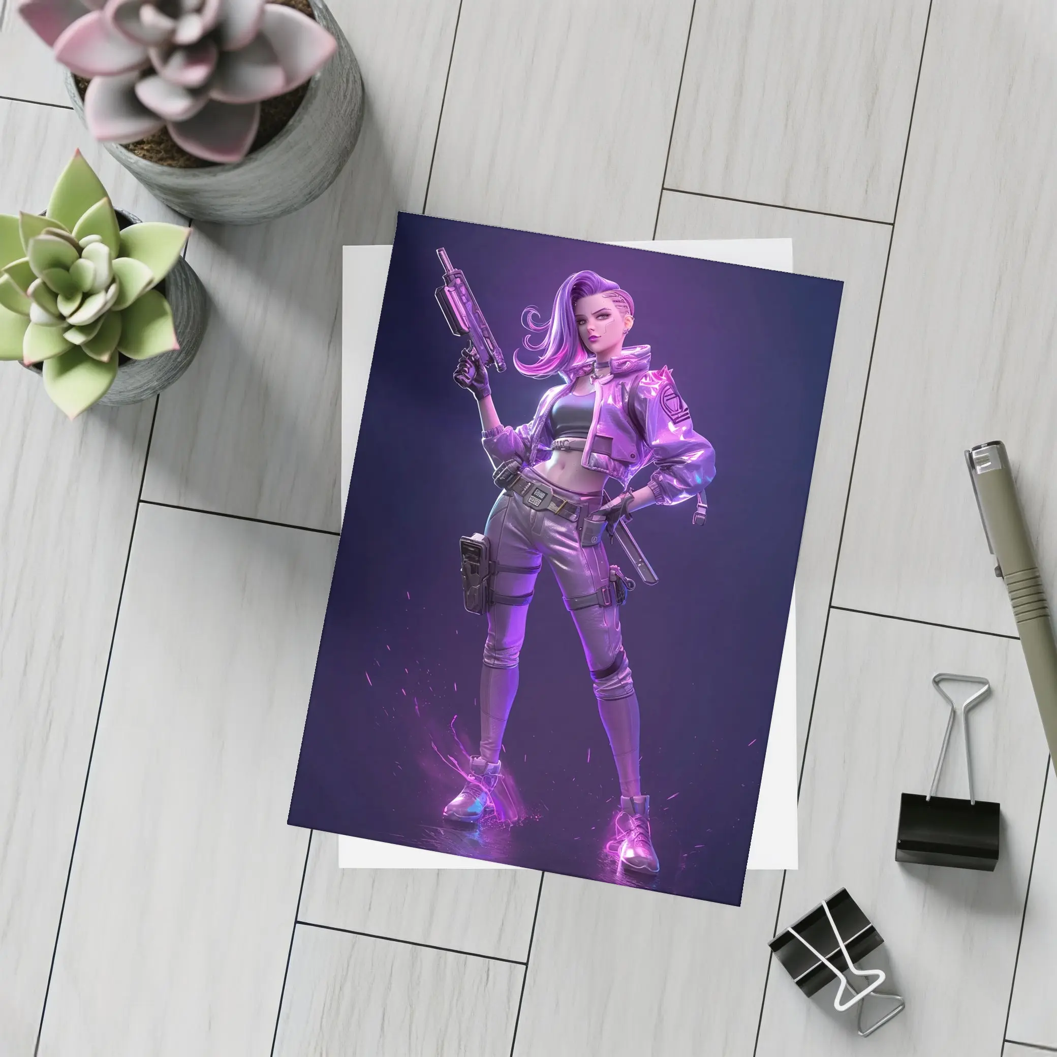 Cyberpunk Girl Neon Purple Dark Background – Postcards