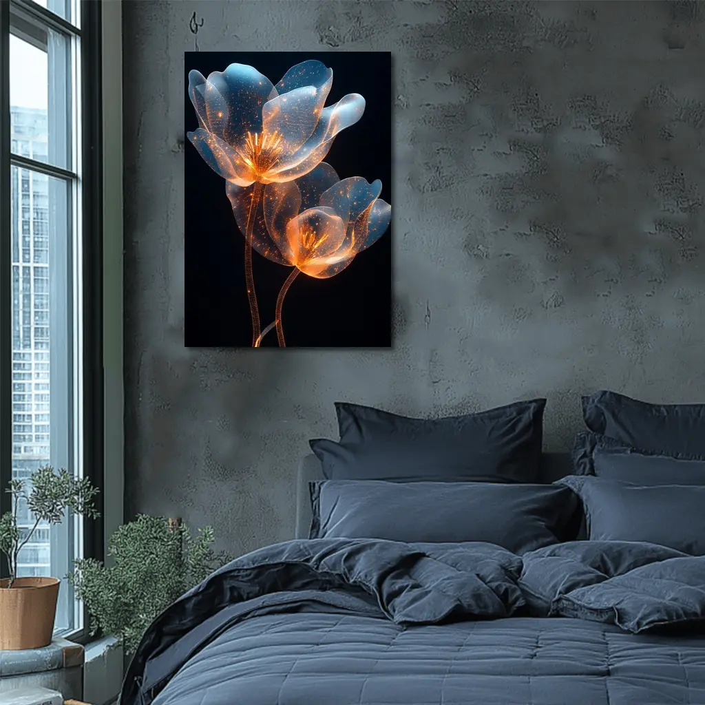 Glowing Translucent Flowers Blue Orange Dark Background – Wall Art