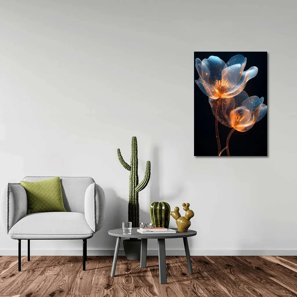 Glowing Translucent Flowers Blue Orange Dark Background – Wall Art