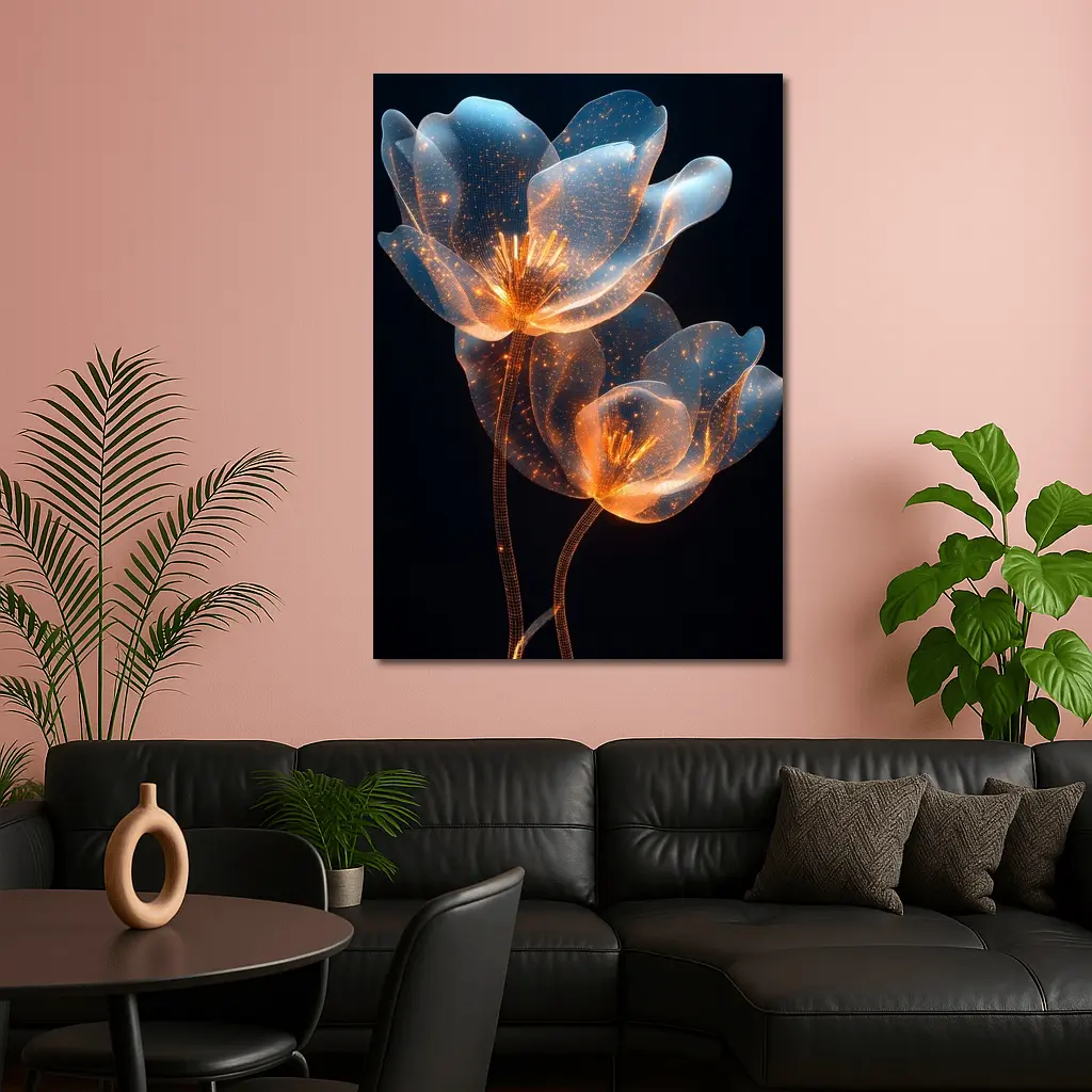 Glowing Translucent Flowers Blue Orange Dark Background – Wall Art