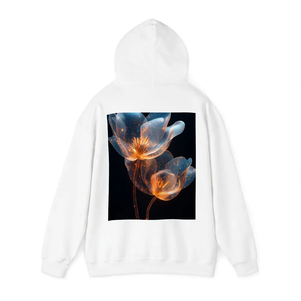 Glowing Translucent Flowers Blue Orange Dark Background – Hoodies