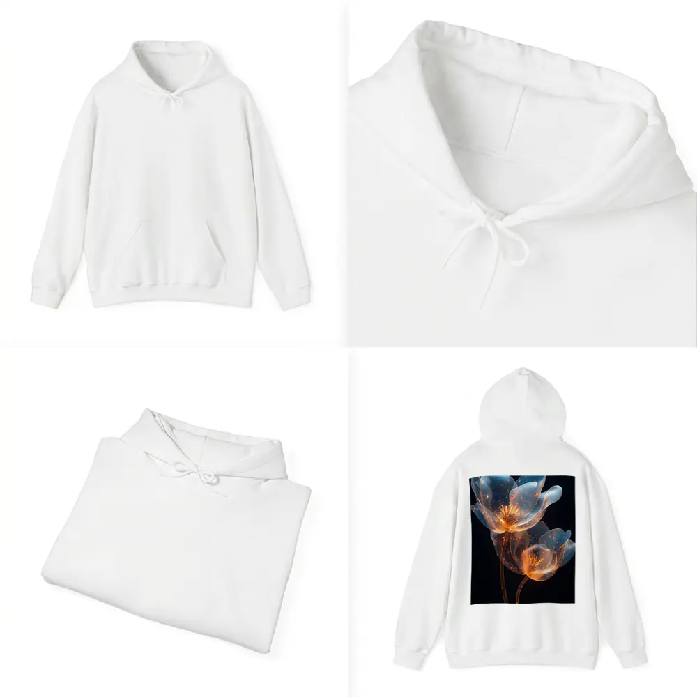 Glowing Translucent Flowers Blue Orange Dark Background – Hoodies