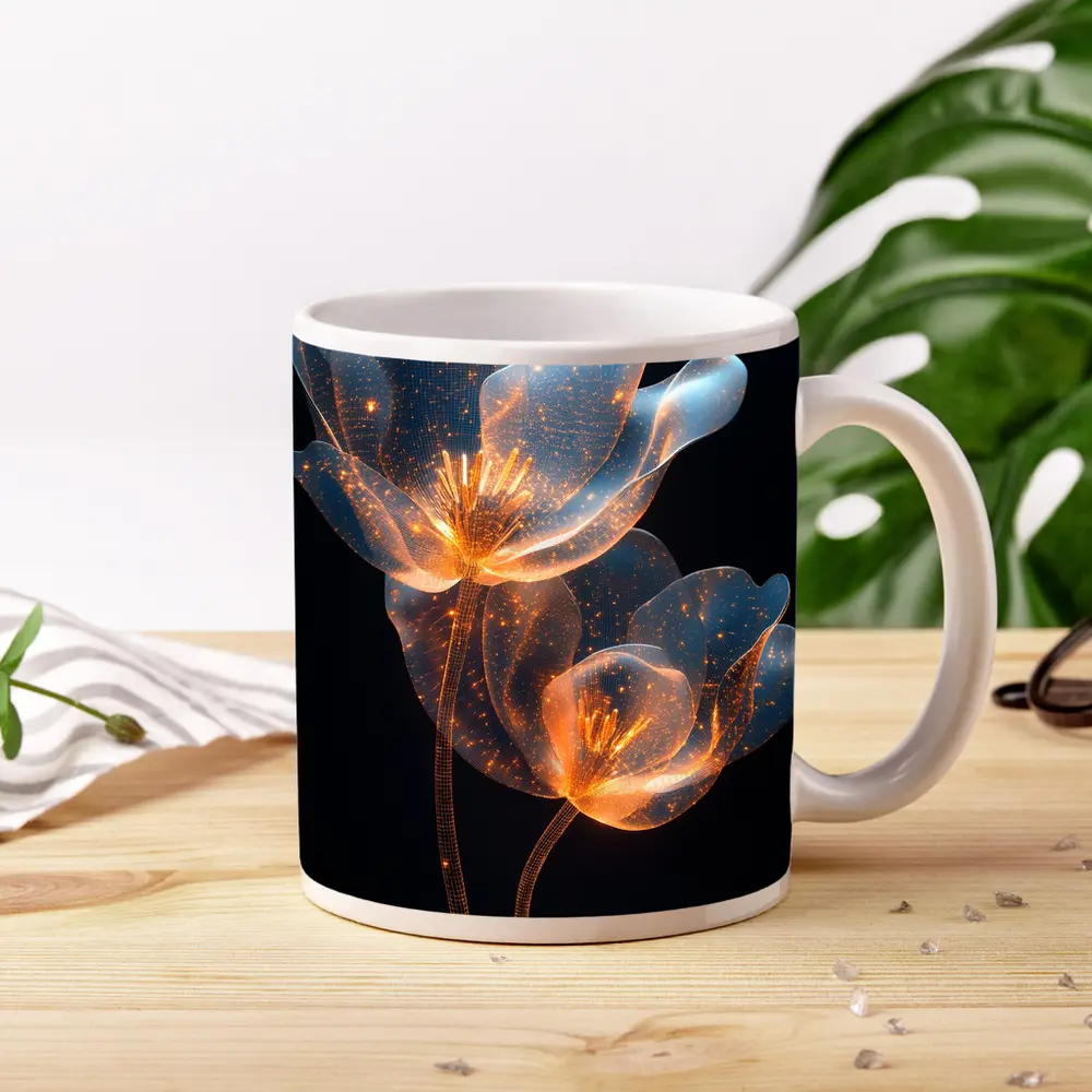 Glowing Translucent Flowers Blue Orange Dark Background – Mugs