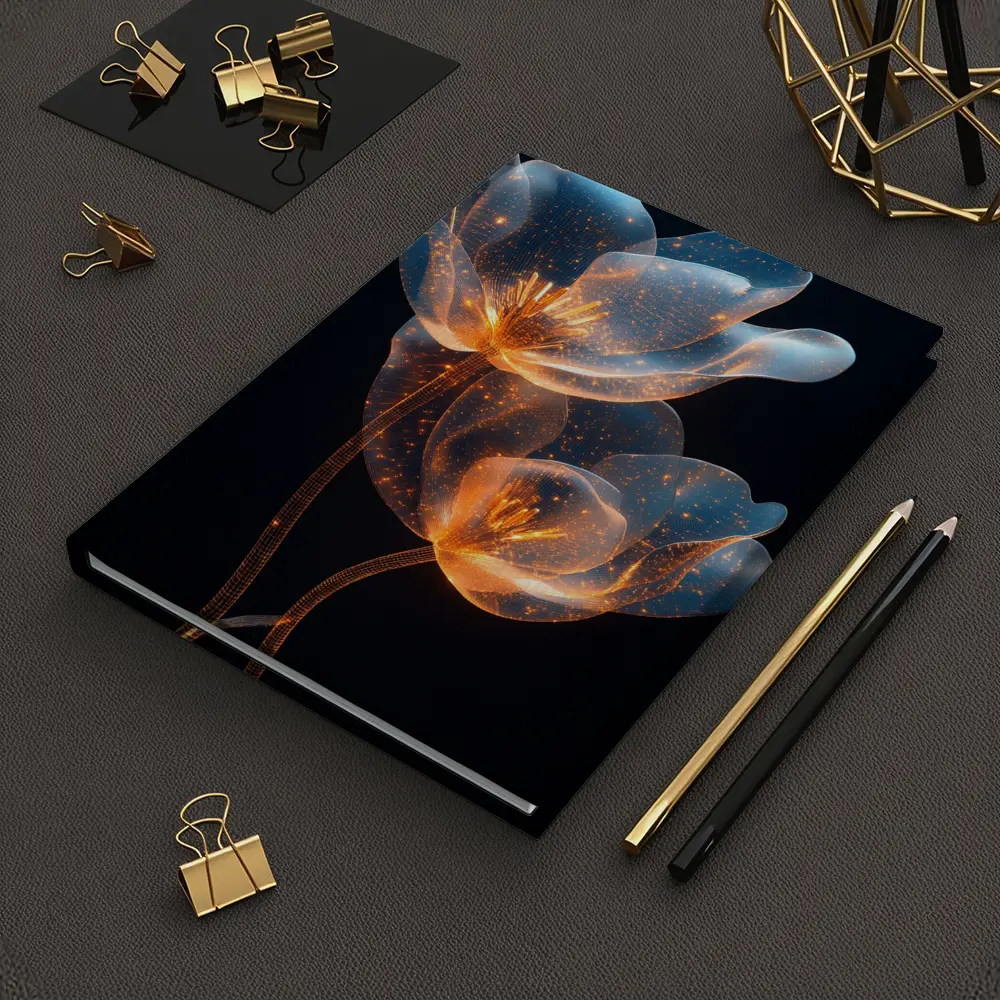 Glowing Translucent Flowers Blue Orange Dark Background – Notebooks