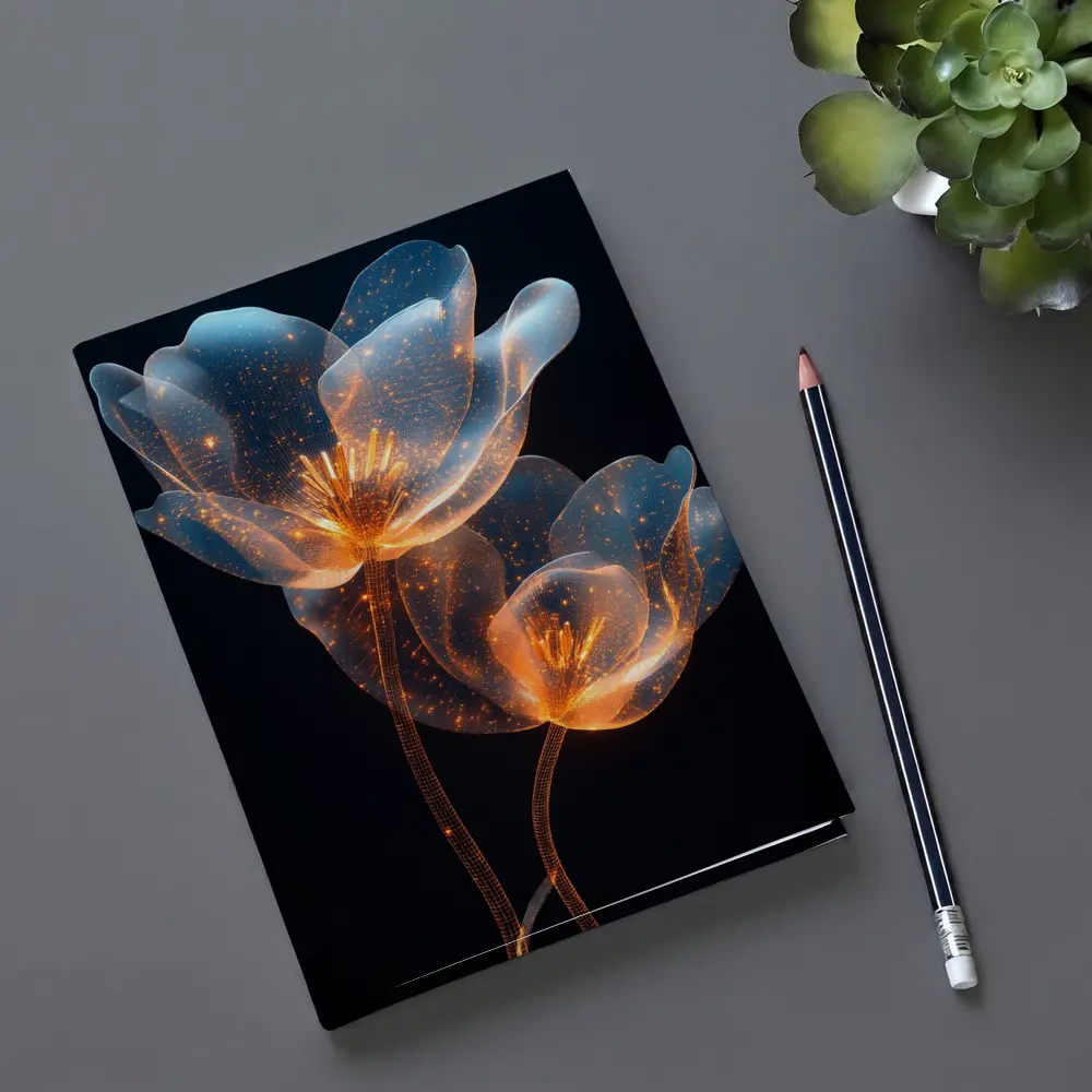 Glowing Translucent Flowers Blue Orange Dark Background – Notebooks